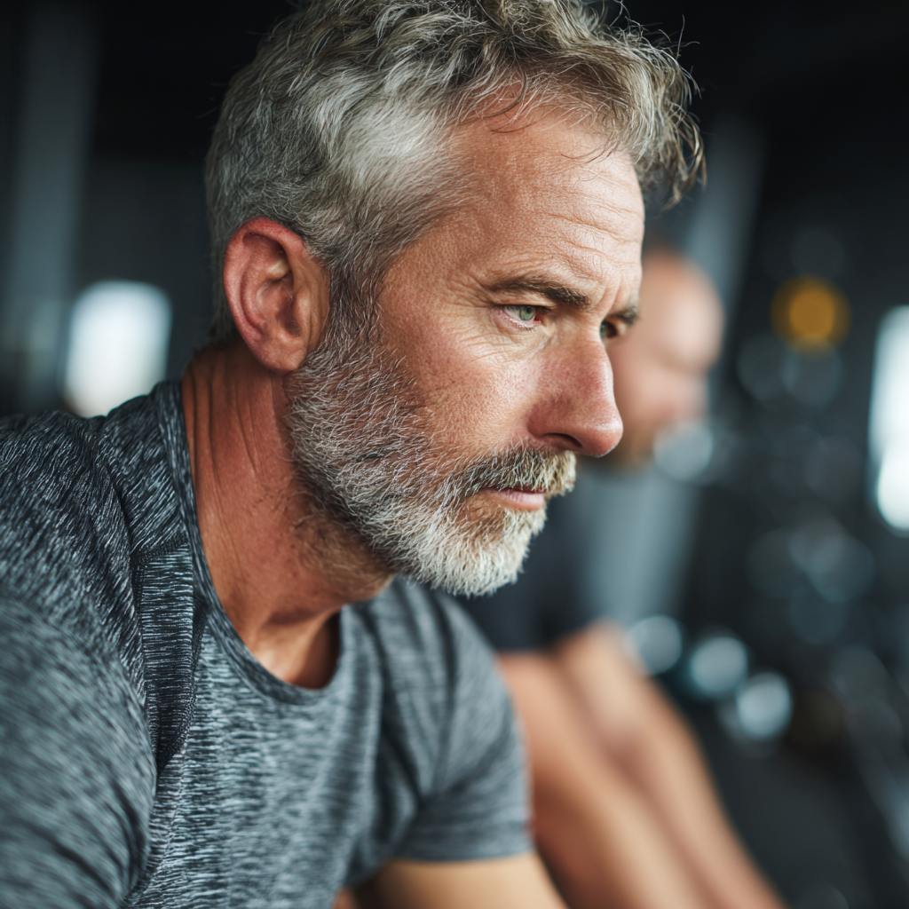 Mature adult following personalized exercise routine with focus and concentration